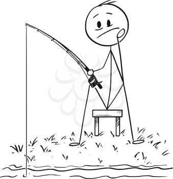 Cartoon stick drawing conceptual illustration of man or fisherman sitting on the shore of lake or river and fishing patiently.