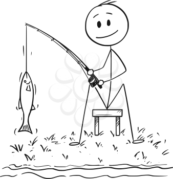 Cartoon stick drawing conceptual illustration of man or fisherman sitting on the shore of lake or river and catching a fish.