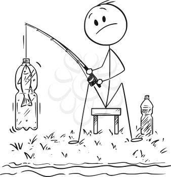 Cartoon stick drawing conceptual illustration of man or fisherman sitting on the shore of lake or river and catching a fish in plastic pet bottle.