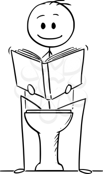 Cartoon stick drawing conceptual illustration of man sitting on toilet and reading a book