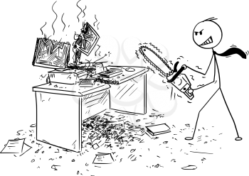 Cartoon stick man drawing conceptual illustration of angry or mad businessman with chainsaw destroying computer and working desk. Business concept of frustration and repressed aggression.