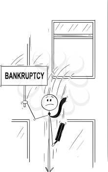 Cartoon stick man drawing conceptual illustration of businessman or banker jumping out of the window and holding sign with bankruptcy text. Business concept of financial crisis .
