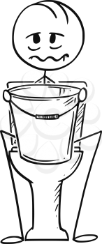 Cartoon stick drawing conceptual illustration of sick or drunk man sitting on toiled with bucket for vomiting in hands.