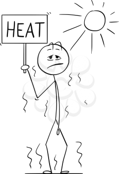 Cartoon stick drawing conceptual illustration of man standing on Sun in hot summer weather and holding sign with heat text in hand.