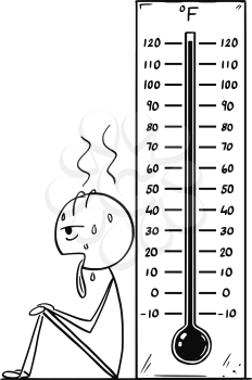 Cartoon stick drawing conceptual illustration of exhausted and overheated man sitting near big Fahrenheit thermometer showing extreme hot weather or heat above 120 degree.