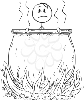 Cartoon stick drawing conceptual illustration of man or businessman who is boiling or boiled in big cauldron in hell for his sins.