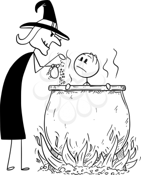 Cartoon stick drawing conceptual illustration of man boiled by evil witch in cauldron.