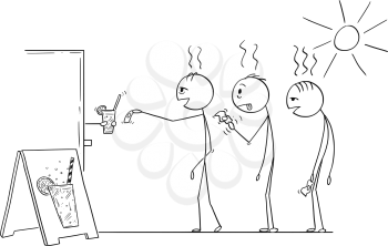 Cartoon stick drawing conceptual illustration of three men waiting in queue to buy soda,water or lemonade drink in hot summer weather.