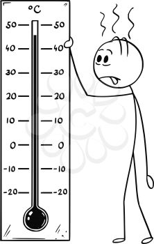 Cartoon stick drawing conceptual illustration of exhausted and overheated man holding big Celsius thermometer showing hot weather or heat above 40 degree.