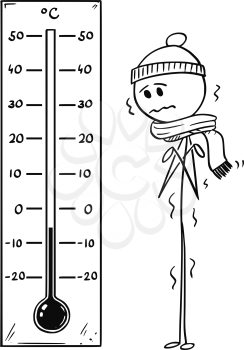 Cartoon stick drawing conceptual illustration of chilled man looking at big Celsius thermometer showing low weather temperature around minus 5 degree.
