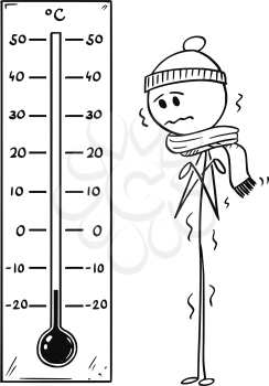 Cartoon stick drawing conceptual illustration of chilled man looking at big Celsius thermometer showing low weather temperature around minus 15 degree.