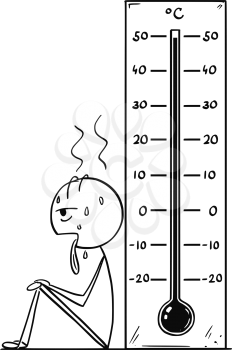 Cartoon stick drawing conceptual illustration of exhausted and overheated man sitting near big Celsius thermometer showing extreme hot weather or heat almost 50 degree.