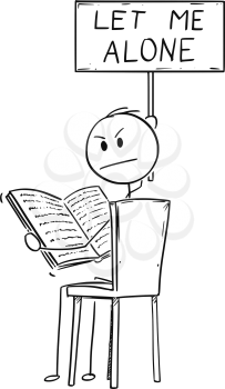 Cartoon stick drawing conceptual illustration of annoyed man sitting on chair and reading a book. He is looking angry, because is disturbed by viewer and holding let me alone sign.