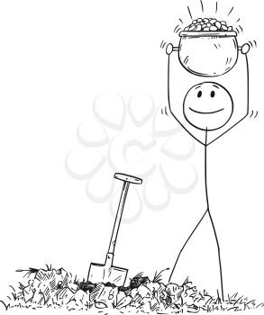 Cartoon stick drawing conceptual illustration of happy man who found a treasure of gold coins in old pot buried under ground.