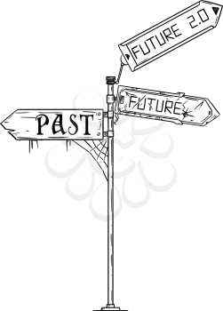 Vector artistic pen and ink drawing illustration of traffic arrow sign with past,future and future 2.0 text. Concept of pessimistic expectations and new opportunity.