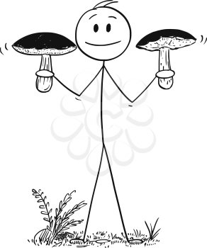 Cartoon stick drawing conceptual illustration of man holding two big eatable bolete or boletus mushrooms.