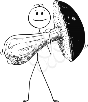 Cartoon stick drawing conceptual illustration of man holding giant or big eatable bolete or boletus mushroom.