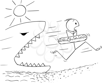 Cartoon stick drawing conceptual illustration of man holding inflatable swimming ring and running on the beach away from big or giant shark or fish.