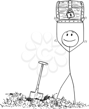 Cartoon stick drawing conceptual illustration of happy man who found a treasure chest buried under ground.