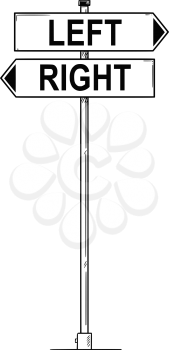 Vector artistic pen and ink drawing of left and right pointing traffic road arrow sign.
