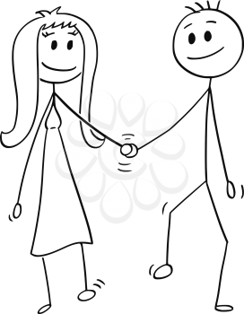 Cartoon stick drawing conceptual illustration of heterosexual couple of man and woman walking together and holding each others hand.