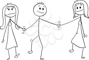 Cartoon stick drawing conceptual illustration of heterosexual couple of man and woman walking together and holding each others hand. Man is also holding hand of another woman, probably mistress.Concept of infidelity.