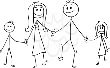 Cartoon stick drawing conceptual illustration of family. Parents, man and woman and two children, boy and girl are walking while holding hands.