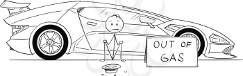 Cartoon stick drawing conceptual illustration of man, owner of expensive super sport car, sitting and begging for gas money. Concept of luxury and poverty. There is out of gas sign.