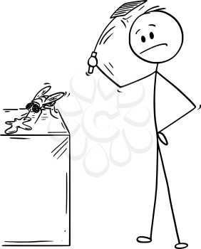 Cartoon stick drawing conceptual illustration of man hitting and killing a fly with swatter or flapper or fly-flap.
