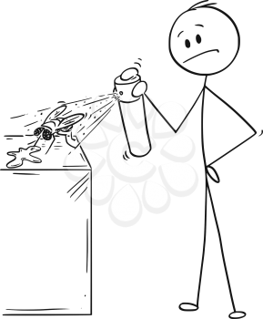 Cartoon stick drawing conceptual illustration of man hitting and killing a fly insecticide chemical spray.