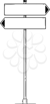 Vector artistic pen and ink drawing of left and right pointing arrow sign with blank or white areas for your text.