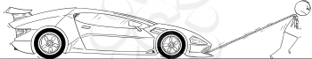 Cartoon stick drawing conceptual illustration of man or businessman pulling or dragging his broken or out of gas expensive luxury super sport car. Concept of wealth and certainties.