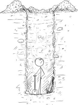 Cartoon stick drawing conceptual illustration of man trapped alone down on the bottom of deep and huge hole in the ground he dig, most likely as water well.