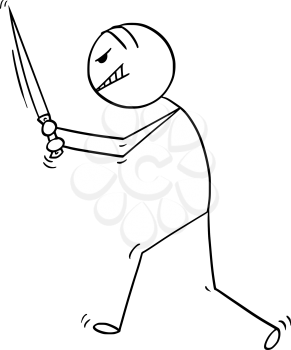 Cartoon stick drawing conceptual illustration of insane or mad man or manic killer walking with big knife.