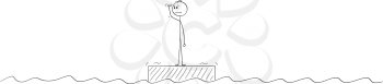 Cartoon stick drawing conceptual illustration of man or businessman standing alone on the raft in the middle of ocean or nowhere looking for some hope or options to change his situation.