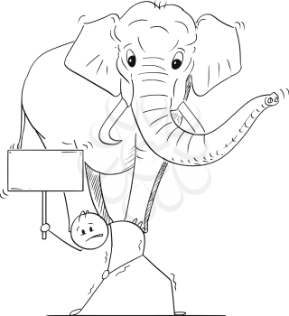 Cartoon stick drawing conceptual illustration of man or businessman carrying elephant on his back and holding empty sign. Business concept of effort and challenge.