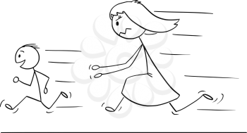 Cartoon stick drawing conceptual illustration of frustrated and angry mother chasing naughty and disobedient son.