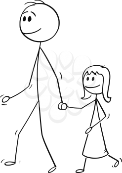 Cartoon stick drawing conceptual illustration of father walking with daughter and holding her hand.