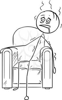Cartoon stick drawing conceptual illustration of exhausted man sitting collapsed in armchair.