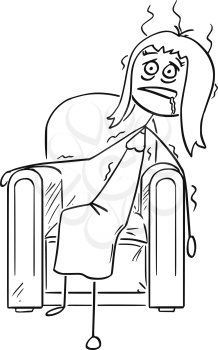 Cartoon stick drawing conceptual illustration of exhausted woman sitting collapsed in armchair.