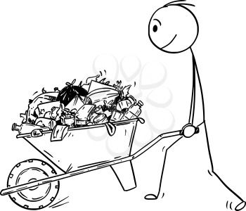 Cartoon stick drawing conceptual illustration of man pushing wheelbarrow full of garbage and trash.