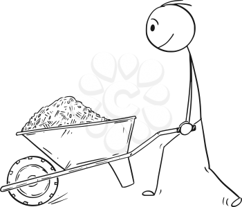 Cartoon stick drawing conceptual illustration of man pushing wheelbarrow with sand,soil,mud,mulch,compost, dirt or earth.