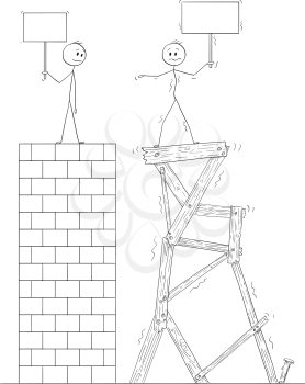 Cartoon stick drawing conceptual illustration of two men or businessmen standing on top of two towers, one of them is well made from bricks, second is poor quality construction from wood. Concept of quality, construction time and cost. Both men are holding empty sign for your text.