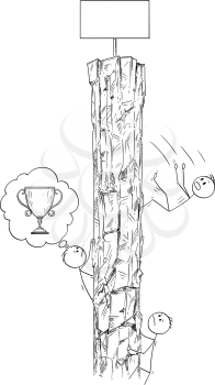 Cartoon stick drawing conceptual illustration of men or businessmen climbing the rock hoping to win the trophy or victory on the top, but there is just empty sign for your text. Business concept of challenge, competition and success.