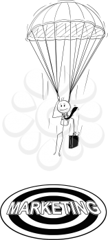 Cartoon stick drawing conceptual illustration of skydiver parachutist businessman with parachute landing at marketing target. Business concept of investment and management.