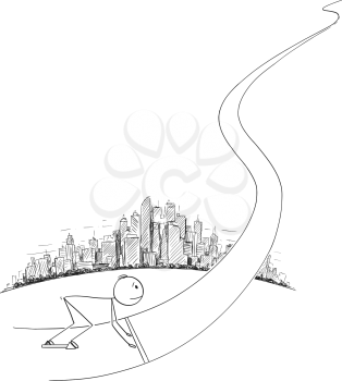 Cartoon stick drawing conceptual illustration of man or businessman in the starting position ready to start his successful career.