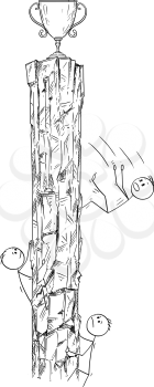 Cartoon stick drawing conceptual illustration of men or businessmen climbing the rock hoping to win the trophy or victory on the top. Business concept of challenge, risk, competition and success.