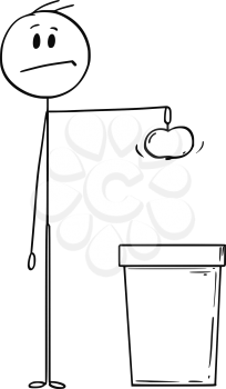 Cartoon stick drawing conceptual illustration of man holding an apple and ready to throw it in to waste bin. Concept of wastage or waste of food.