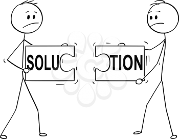 Cartoon stick man drawing conceptual illustration of two businessmen holding and trying to connect two unmatching pieces of jigsaw puzzle with solution text. Business concept of cooperation failure when trying to solve problem in team .