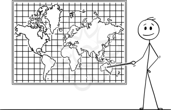 Cartoon stick drawing conceptual illustration of man using pointer and pointing at continent or Commonwealth of Australia on big wall world map.